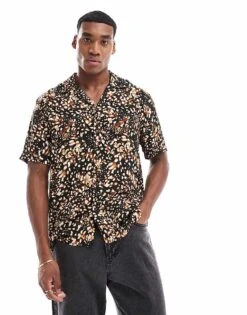River Island Short Sleeve Shirt In Animal Print For Men Black