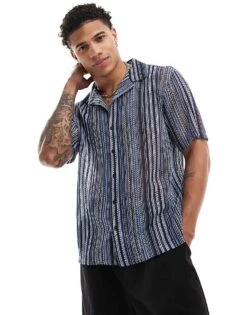 River Island Crochet Stripe Shirt In Blue For Men -Layered Clothes 206749293 1 blue 1