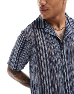 River Island Crochet Stripe Shirt In Blue For Men -Layered Clothes 206749293 3
