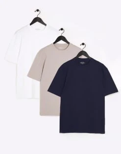 River Island Regular Fit T-Shirts 3 Pack In Multi For Men Navy