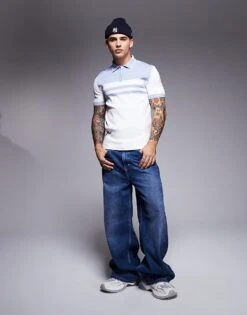 River Island Muscle Fit Zip Polo In White And Blue For Men -Layered Clothes 207004453 1 white 1