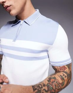 River Island Muscle Fit Zip Polo In White And Blue For Men -Layered Clothes 207004453 3