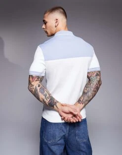 River Island Muscle Fit Zip Polo In White And Blue For Men -Layered Clothes 207004453 4