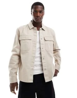 River Island Herringbone Over Shirt In Stone For Men Stone - Light -Layered Clothes 207169087 1 stonelight 1