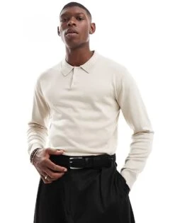River Island Essential Knitted Polo In Stone For Men Stone - Medium
