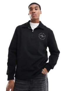 River Island Quarter Zip Collared Sweatshirt In Black For Men