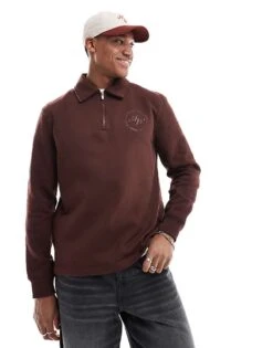 River Island Quarter Zip Collared Sweatshirt In Brown For Men Brown - Dark 10 River Island Quarter Zip Collared Sweatshirt In Brown For Men Brown - Dark -Layered Clothes 207251729 4