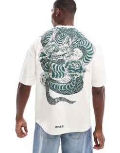 River Island Oversized Embroidered Dragon T-shirt In Ecru For Men -Layered Clothes 207251737 4