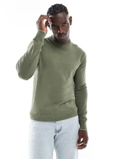 River Island Fine Knit Jumper In Khaki For Men