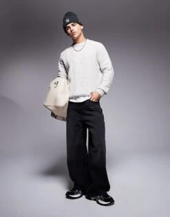 River Island Chunky Cable Knit Jumper In Light Grey For Men Grey - Light -Layered Clothes 207251758 1 greylight 1