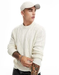 River Island Chunky Cable Knit Jumper In Ecru For Men -Layered Clothes 207251805 1 ecru 1