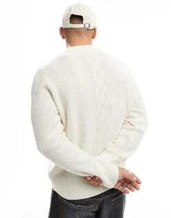 River Island Chunky Cable Knit Jumper In Ecru For Men -Layered Clothes 207251805 4