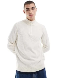 River Island Quarter Zip Jumper In Ecru For Men