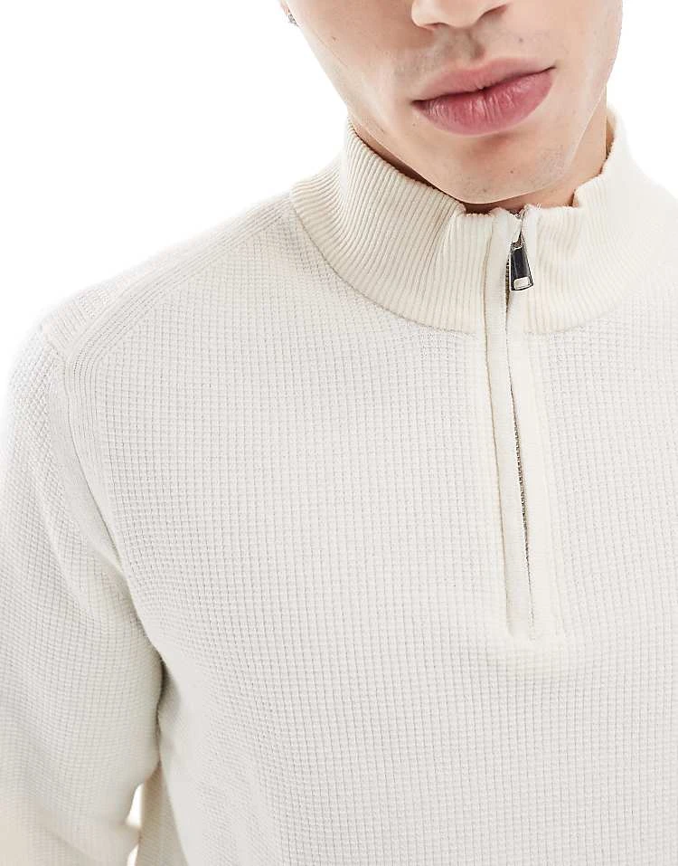 River Island Quarter Zip Jumper In Ecru For Men 4 River Island Quarter Zip Jumper In Ecru For Men - Image 2