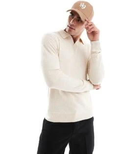 River Island Open Collar Jumper In Ecru For Men -Layered Clothes 207251848 1 ecru 1