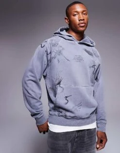 River Island Japanese Crane Back Print Hoodie In Dark Grey For Men Grey - Dark -Layered Clothes 207251883 1 greydark 1