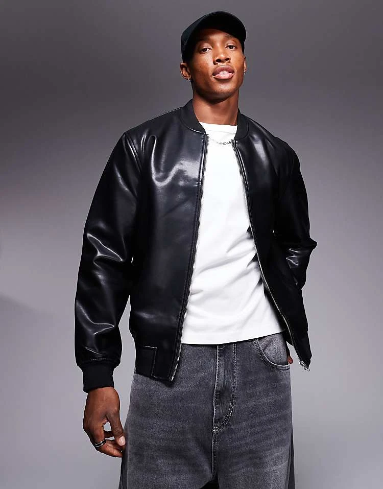 River Island Faux Leather Bomber Jacket In Black For Men 3 River Island Faux Leather Bomber Jacket In Black For Men