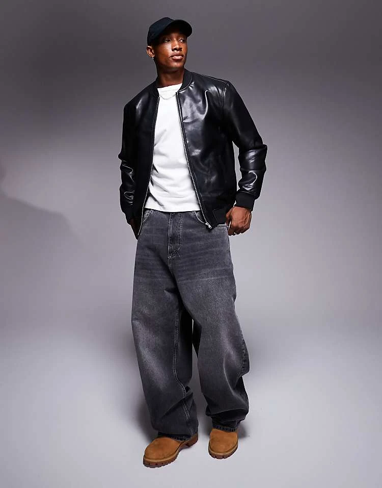 River Island Faux Leather Bomber Jacket In Black For Men 4 River Island Faux Leather Bomber Jacket In Black For Men - Image 2