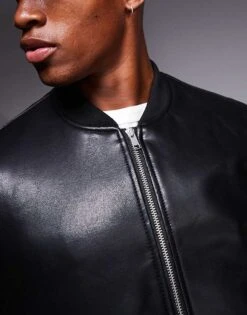 River Island Faux Leather Bomber Jacket In Black For Men 10 River Island Faux Leather Bomber Jacket In Black For Men -Layered Clothes 207315310 4