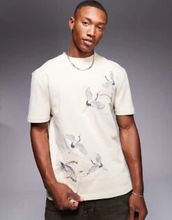River Island Crane Embroidered T-shirt In White For Men -Layered Clothes 207321290 1 white 1
