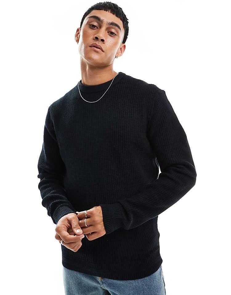 River Island Long Sleeve Waffle Knit Jumper In Black For Men 7 River Island Long Sleeve Waffle Knit Jumper In Black For Men - Image 5