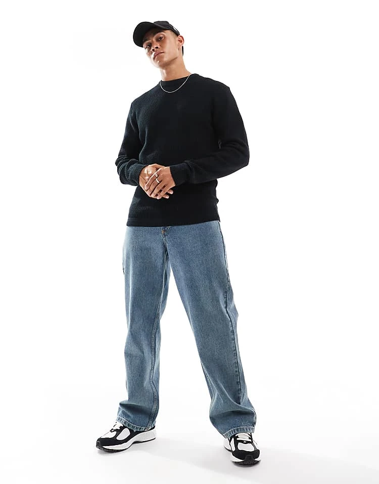 River Island Long Sleeve Waffle Knit Jumper In Black For Men 4 River Island Long Sleeve Waffle Knit Jumper In Black For Men - Image 2