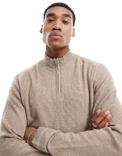 River Island Quarter Zip Jumper In Stone For Men Stone - Medium -Layered Clothes 207338001 1 stonemedium 1