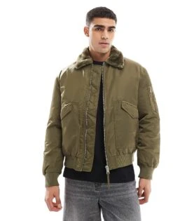 River Island Borg Collar Bomber Jacket In Khaki For Men