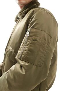 River Island Borg Collar Bomber Jacket In Khaki For Men -Layered Clothes 207407646 3
