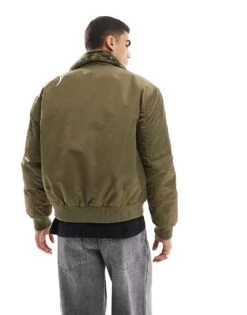 River Island Borg Collar Bomber Jacket In Khaki For Men -Layered Clothes 207407646 4