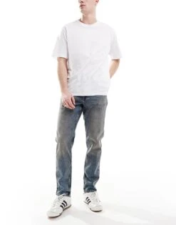 River Island Tapered Fit Jeans In Midwash Blue For Men Blue - Medium