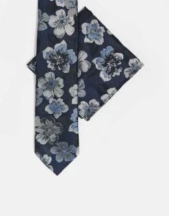 River Island Tie And Pocket Square Set In Navy Floral For Men -Layered Clothes 207413561 1 navy 1
