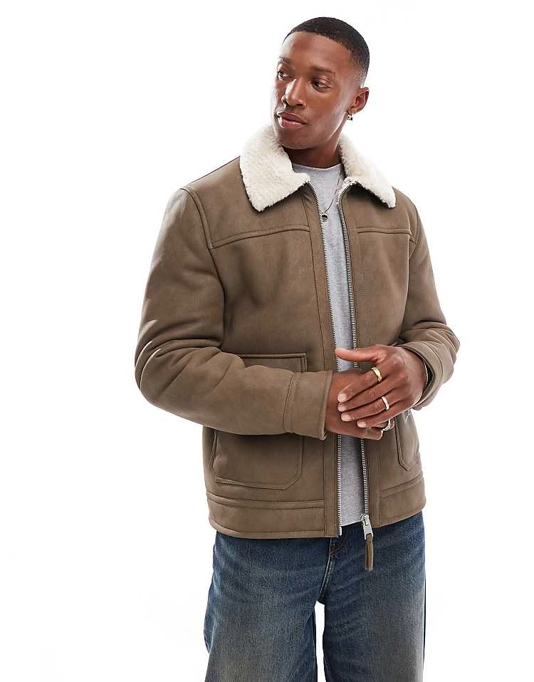 River Island Shearling Nubuck Aviator Jacket In Beige For Men Beige - Light 6 River Island Shearling Nubuck Aviator Jacket In Beige For Men Beige - Light - Image 5