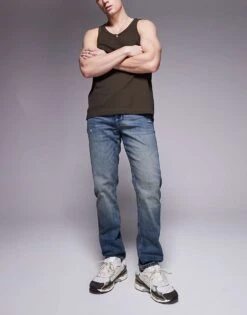 River Island Slim Fit Distressed Jeans In Vintage Midwash Blue For Men