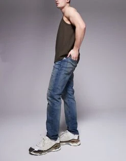 River Island Slim Fit Distressed Jeans In Vintage Midwash Blue For Men -Layered Clothes 207417598 3