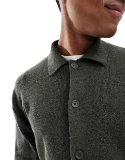 River Island Collared Cardigan In Khaki For Men Green - Medium -Layered Clothes 207479299 4