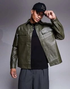 River Island PU Overshirt In Green For Men Green - Dark 11 River Island PU Overshirt In Green For Men Green - Dark -Layered Clothes 207479329 1 greendark 1
