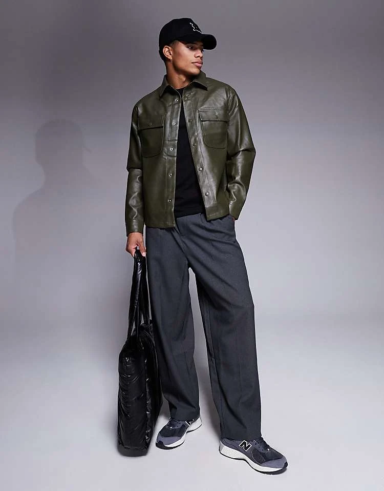 River Island PU Overshirt In Green For Men Green - Dark 4 River Island PU Overshirt In Green For Men Green - Dark - Image 2