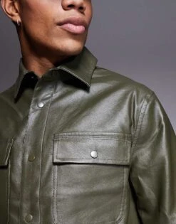 River Island PU Overshirt In Green For Men Green - Dark 9 River Island PU Overshirt In Green For Men Green - Dark -Layered Clothes 207479329 3