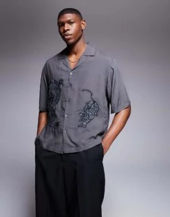 River Island Dragon Embroidery Shirt In Grey For Men