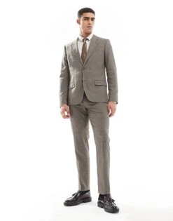 River Island Slim Fit Suit In Heritage Microcheck - BROWN