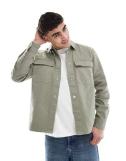 River Island Herringbone Overshirt In Khaki For Men -Layered Clothes 207479385 1 khaki 1
