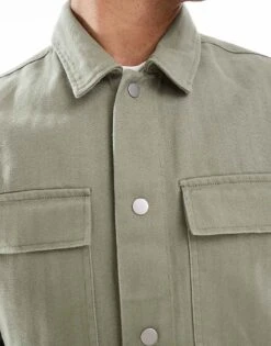 River Island Herringbone Overshirt In Khaki For Men -Layered Clothes 207479385 3