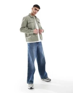 River Island Herringbone Overshirt In Khaki For Men -Layered Clothes 207479385 4