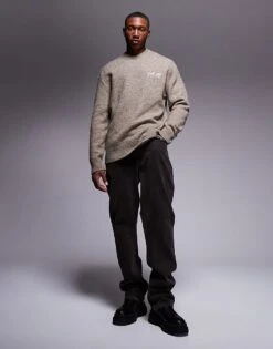 River Island Soft Knit Graphic Jumper In Light Brown For Men -Layered Clothes 207479439 4