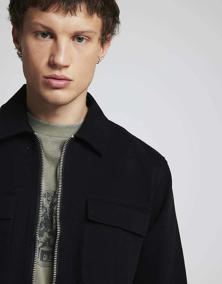 River Island Zip Up Twill Overshirt In Black For Men 5 River Island Zip Up Twill Overshirt In Black For Men - Image 3