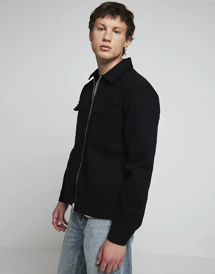 River Island Zip Up Twill Overshirt In Black For Men 6 River Island Zip Up Twill Overshirt In Black For Men - Image 4