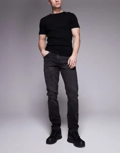River Island Slim Fit Jeans In Washed Black For Men