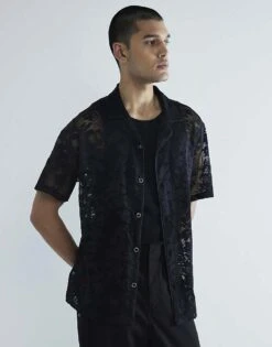 River Island Floral Lace Short Sleeve Shirt In Black For Men -Layered Clothes 207479643 1 black 1