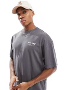 River Island Oversized Shinjuku T-shirt In Washed Black For Men -Layered Clothes 207609321 3